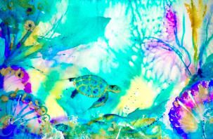 A textured seascape in blues, purples, gold and silver capture the dramatic effect of light on this magical creature. The creative act of painting reaffirms our connection with the Divine; and the Turtle, symbolising longevity, is confirmation of this.