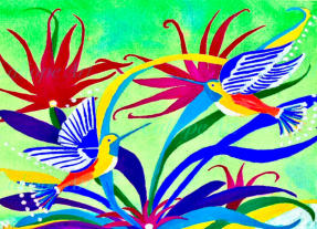 The colours of the flowers were vibrant and intense, as were the little humming birds in the bushes and treetops. Inspired by Batik on the Caribbean island of St Kitts, I wanted to convey the sunshine and joy evoked by the natural beauty of this island.