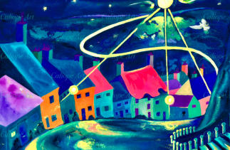 Surreal yet recognisable, the eye is led from the dark horizon towards the chimneys and the two iconic lamps on Gold Hill. The deep shadows cast by them echo the inky blackness on the horizon, with pale golden moonlight guiding and protecting us…. 