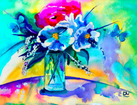 A splash of gold for the centres of the teal, pink, indigo and saffron flowers contrast with deep shadows. Wet on wet creates glass and light for the vase of water and the butterfly simply evolved - to add to the feeling of light, laughter and creativity.