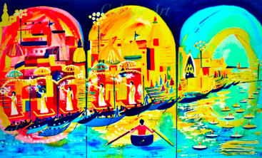 In Varanasi, the chaotic town tumbling down ghats into the Ganges, morning and evening the Aarti ceremony is performed in shrines on its banks. Diyas float timelessly towards ancestors, the triptych reaffirming our universal connection with the Divine.