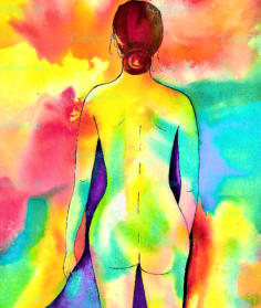 Primary colours show the resilience and strength of women, stripped of essentials. In front flows the blue River of the Tears; but above is Light. Compassionate sisterhood surrounds us and a red semi-circle depicts our mothering of future generations.  