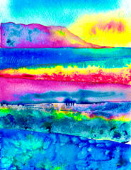 Its rays glinting on waves and rocks, yellow merges with red as the sun appears; and the landscape begins to look immense, universal and primal. Four tiny figures stand watching the sunrise - the number four symbolising wholeness, totality and completion.