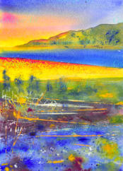 Figures watch the sun disappearing behind the horizon. As colours merge, the landscape diminishes, breaking up into vertical splashes and sharp lines; but the the sun’s rays still glint on the blue waves and violet rocks…. and a boat appears…….