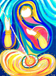 Pure air and silence of mountains encircle the gentle Himalayan people who smilingly welcomed me into their homes. Using the seven Chakra colours, I pay homage to the Indian women I met, to their strength and creativity - and indeed to Meditation itself.