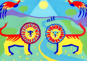 When my young grandsons were asked what paintings they’d like for their rooms, both answered: Lions please! So here they are: the eldest brother looking out for the youngest with loving protection - whilst in the background, the family trek to Africa!