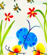 This was a joy to paint. The shapes of the bees and butterflies in yellow, grey and blue emerged of their own accord; in their simplicity, they flitted around the paper. The splash of red and gold for the flowers brings sunshine into a simple composition.