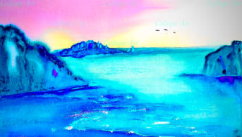 Colours run…images evolve: first mountains, then rocks; then an island with a track over the headland. Trees and temple appears. Then figures, one standing, watchful, protective; the other praying? waiting? whilst the waves in the foreground ebb and flow…