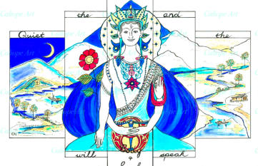 Awaiting our grandson’s birth, our daughter’s hands rest peacefully in her lap, cradling the Holy Grail. The other hands recognise the joyful Inner Child within us: the left forms “Om” whilst the right holds the healing sacred plant.