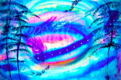 Feathers symbolise spiritual awareness and light-heartedness, so here, blown by the wind are white, violet and purple feathers. Floating in the air is a Haiku in my Pictographic alphabet: “In the moon-darkening sky, the moon paints a pine tree”(Ransetu).