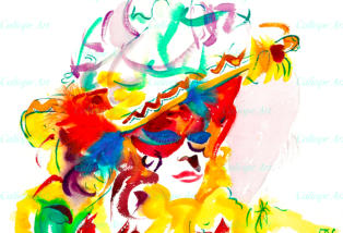 Flicks of the brush create feathers, fabric and flowers: the woman is a mystery. However, in contrast with her eyes which, masked, gaze into the distance, the vibrant yellows, oranges and reds denote the twinkling fun that lies behind the disguise.…! 