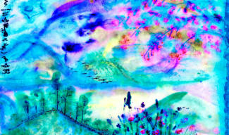 A pink blossomed almond tree frames the awakening landscape: a flock of geese returns to the lake; shadowy figures walk downhill. The words by Shiki: “Without my journey, I would have missed this dawn” float through the air in my Pictographic alphabet.