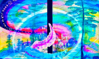 The painting is cut in half to indicate Yin/Yang energy; and feathers symbolise spiritual awareness and light-heartedness. The words in my Pictographic alphabet are: “Life, crystallised in a brilliant jewel of a moment, warms my tranquil heart” (Barbery).