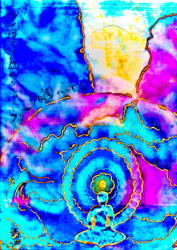 Marbled inks create a swirling atmosphere of water, sky, and universal consciousness. The turquoise sitting figure represents the beauty of the inner world open to all. When the human spirit transcends the outer world, our souls can fly free.