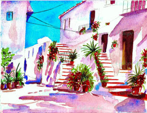 Windows and doors are shuttered against the blazing heat; terracotta pots filled with geraniums tumble down steps; and as the sun intensifies, it seems to pour white light down. Everyone sleeps; everything searches for shade. Everyone rests.