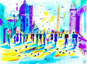 With the Basilica San Pietro in the background, crowds of people hurry across the square. In this sunshine layered landscape, hundreds of pigeons come fluttering: circling, weaving in and out, they highlight the healing energy of this ancient place.